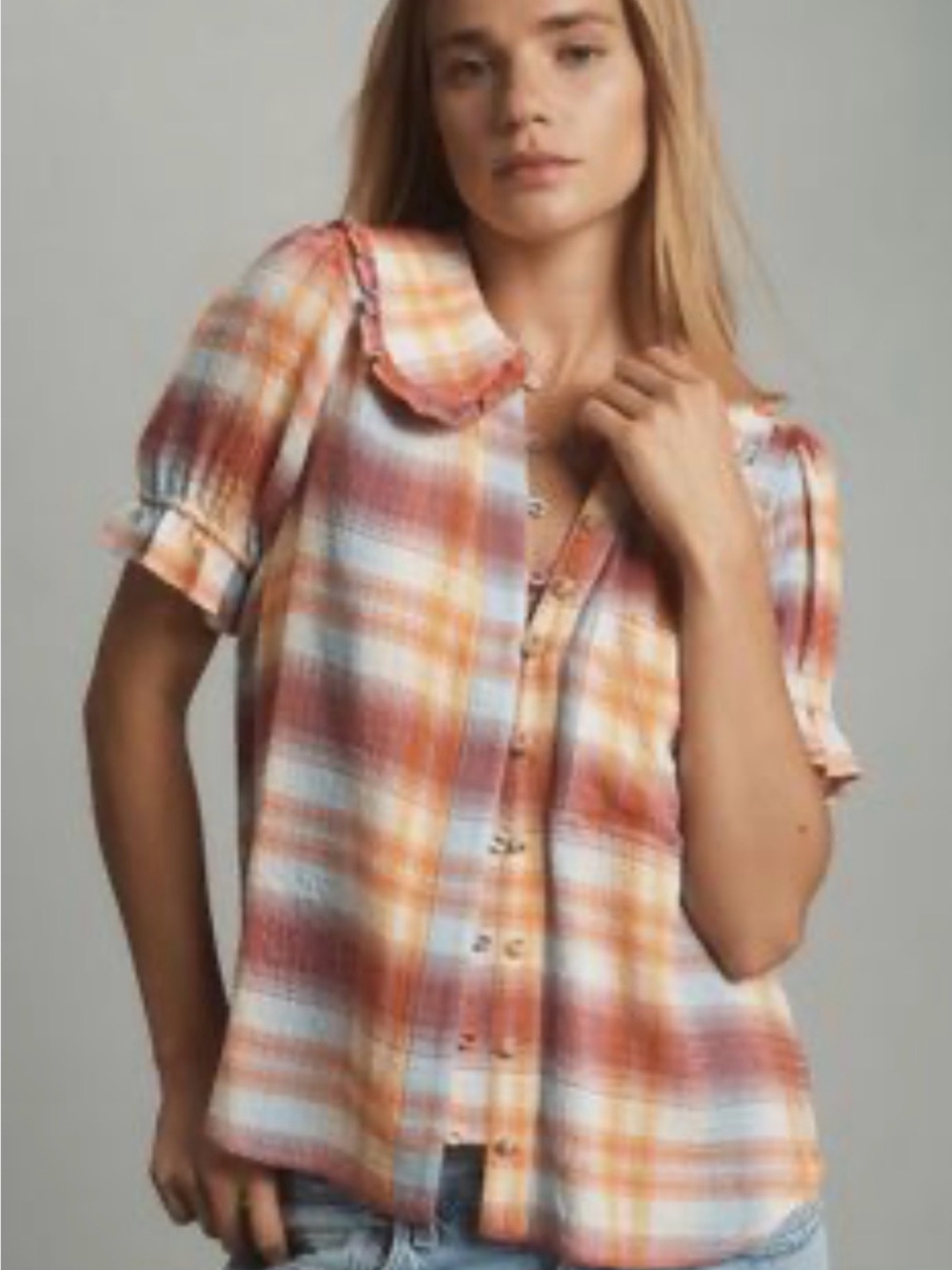 Pilcro The Keira Collared Plaid Short-Sleeve Button Front Blouse
